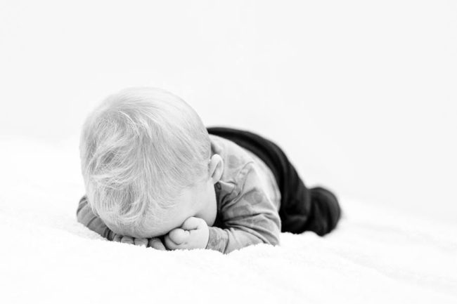 Pouting baby in black and white