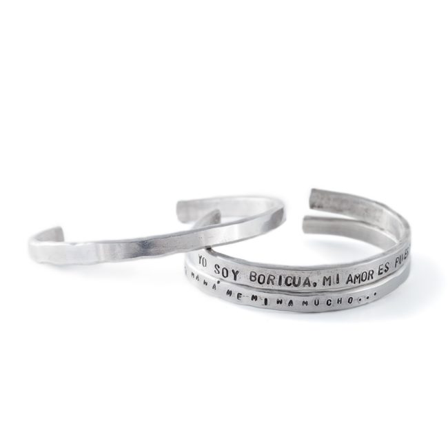 Handmade silver bracelets with stamped text