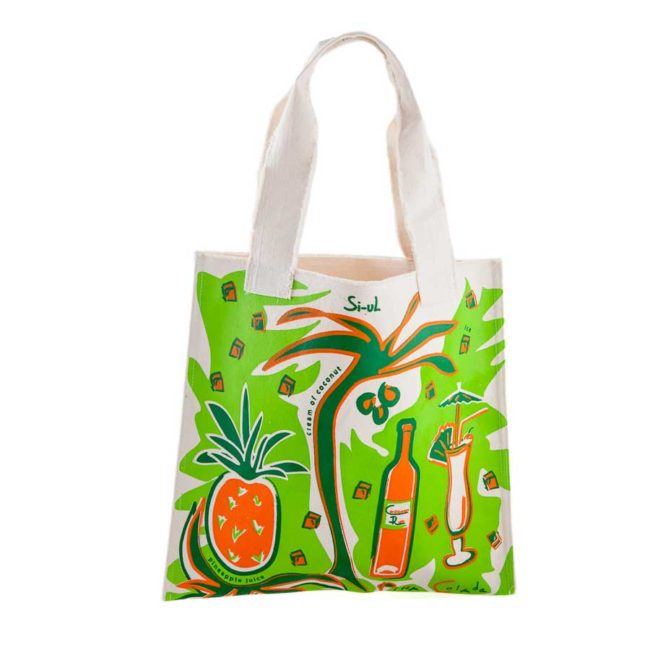 Textile bag with colourful green orange print